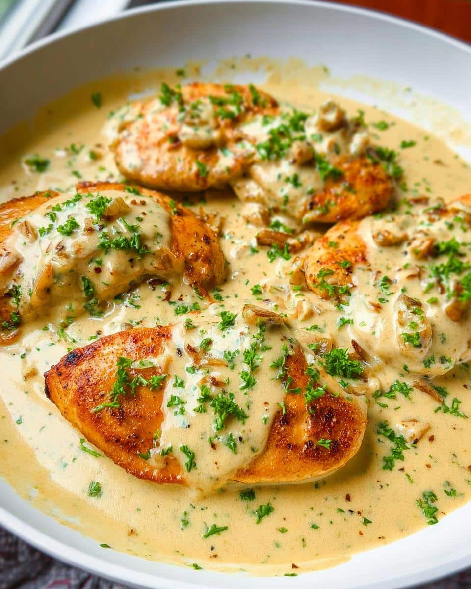 Four golden-brown chicken breasts swimming in a rich Rustic Creamy Garlic Chicken with Pan Sauce, garnished with parsley.