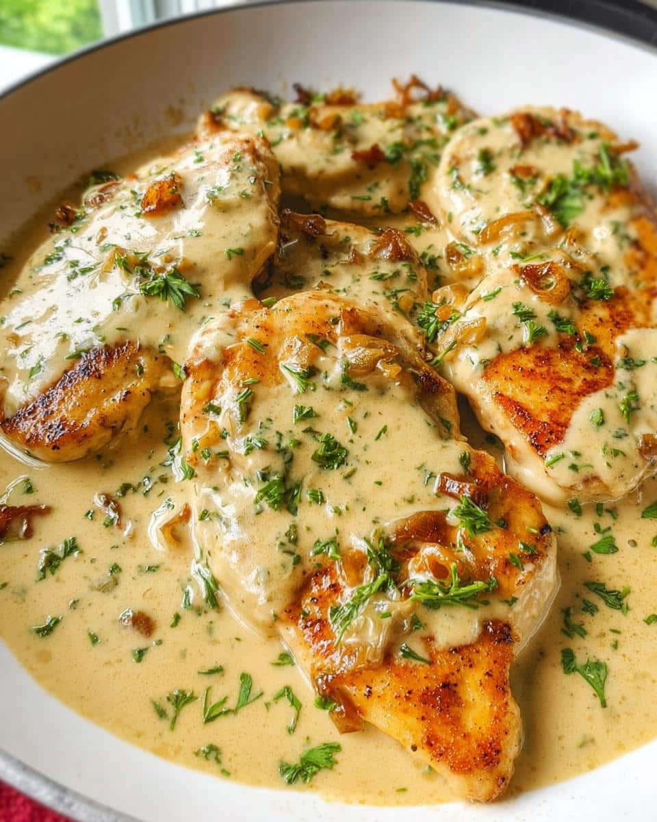 Four golden-brown chicken breasts swimming in a rich, Rustic Creamy Garlic Chicken with Pan Sauce, garnished with parsley.