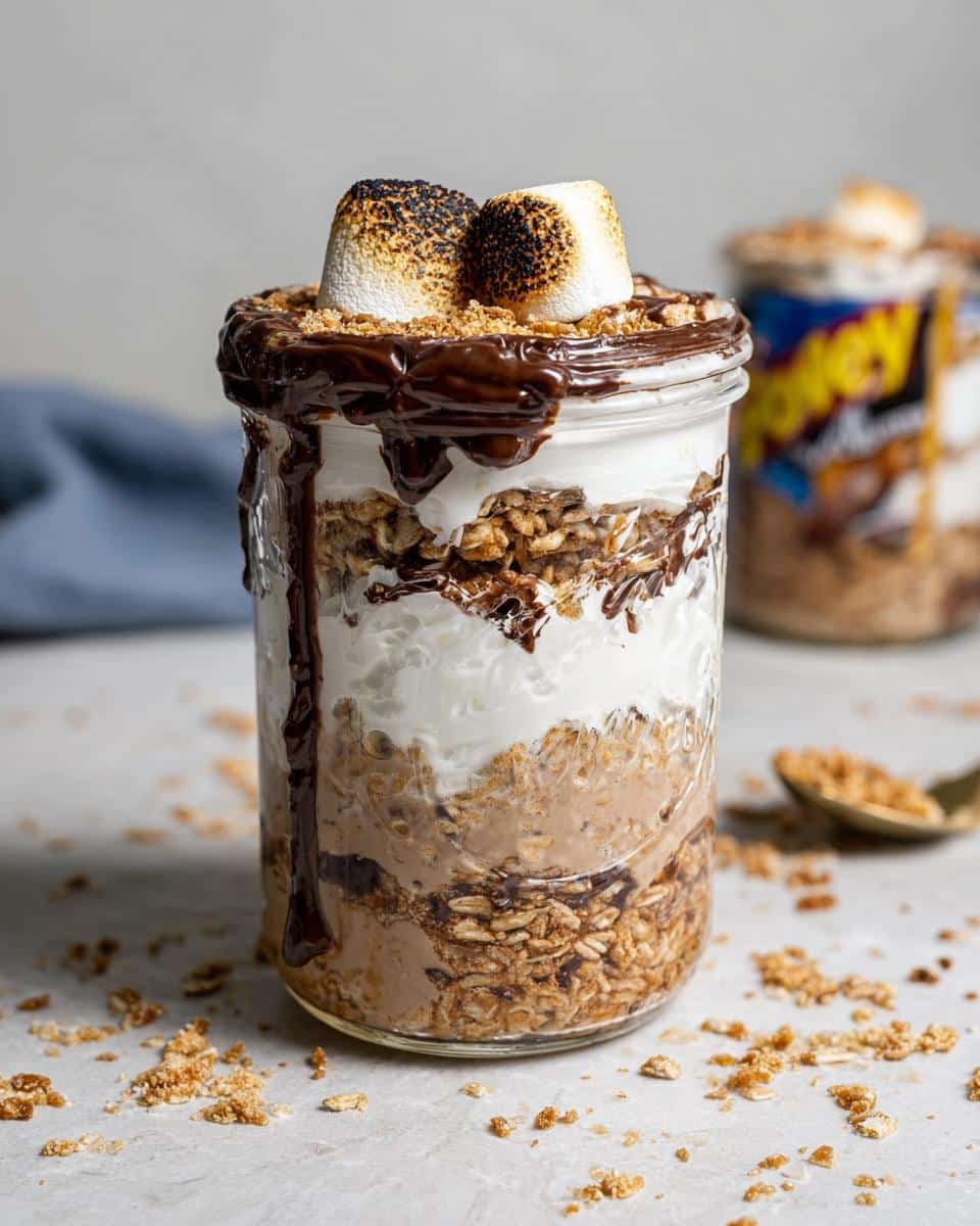 Close-up of S’mores Overnight Oats layered in a jar, topped with chocolate drizzle and two toasted marshmallows.
