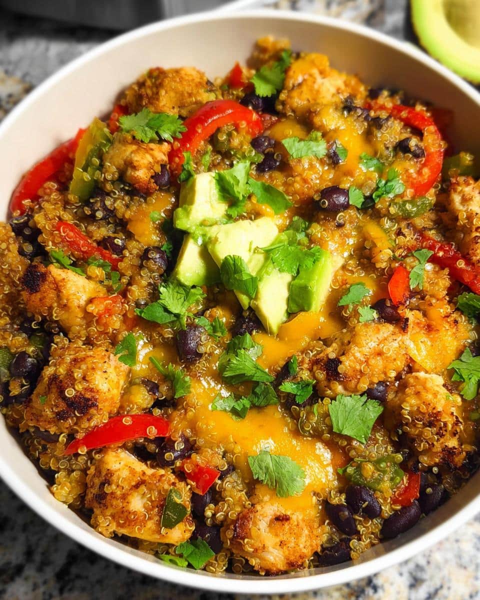 A vibrant bowl of Santa Fe Chicken and Quinoa Bowl topped with avocado slices and cilantro.