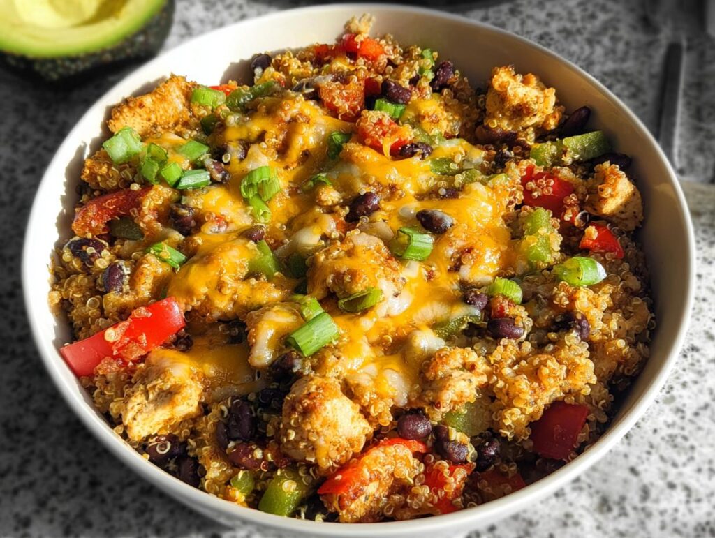 A close-up of a vibrant Santa Fe Chicken and Quinoa Bowl topped with melted cheese and green onions.