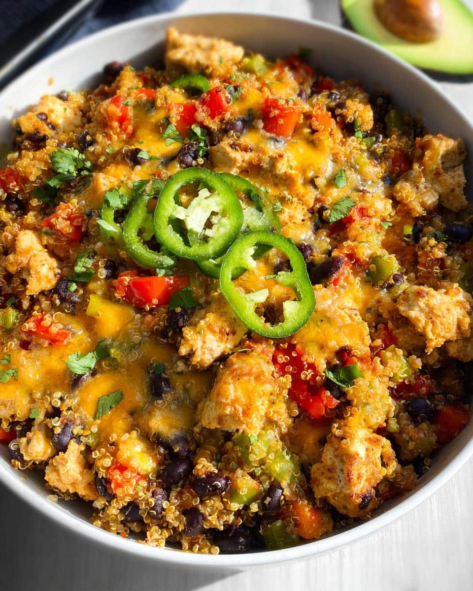 A close-up of a vibrant Santa Fe Chicken and Quinoa Bowl topped with melted cheese and fresh jalapeño slices.