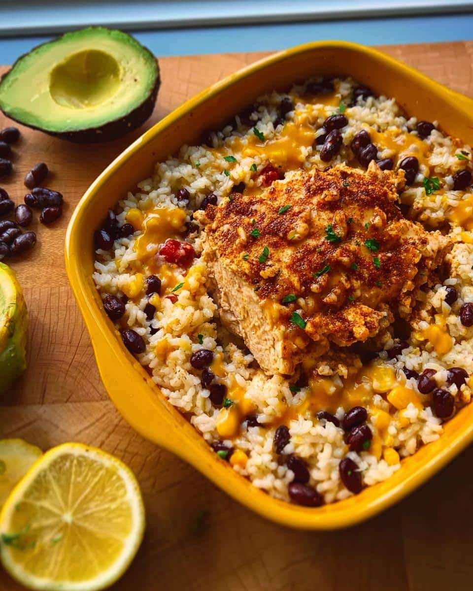 A serving of Santa Fe Chicken & Rice with black beans, corn, and cheese sauce in a bright yellow baking dish.