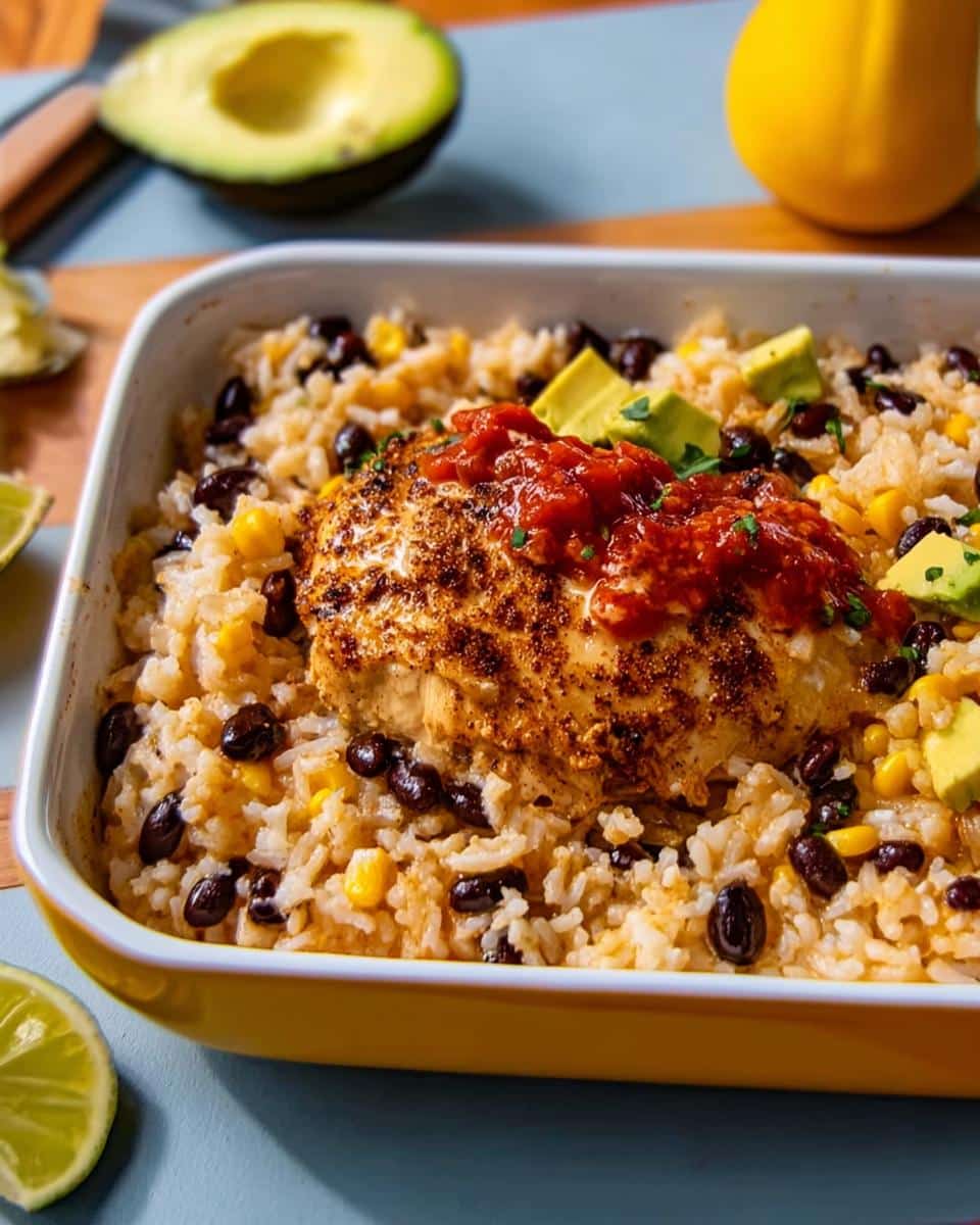 Close-up of baked Santa Fe Chicken & Rice with black beans, corn, salsa, and avocado chunks in a yellow dish.