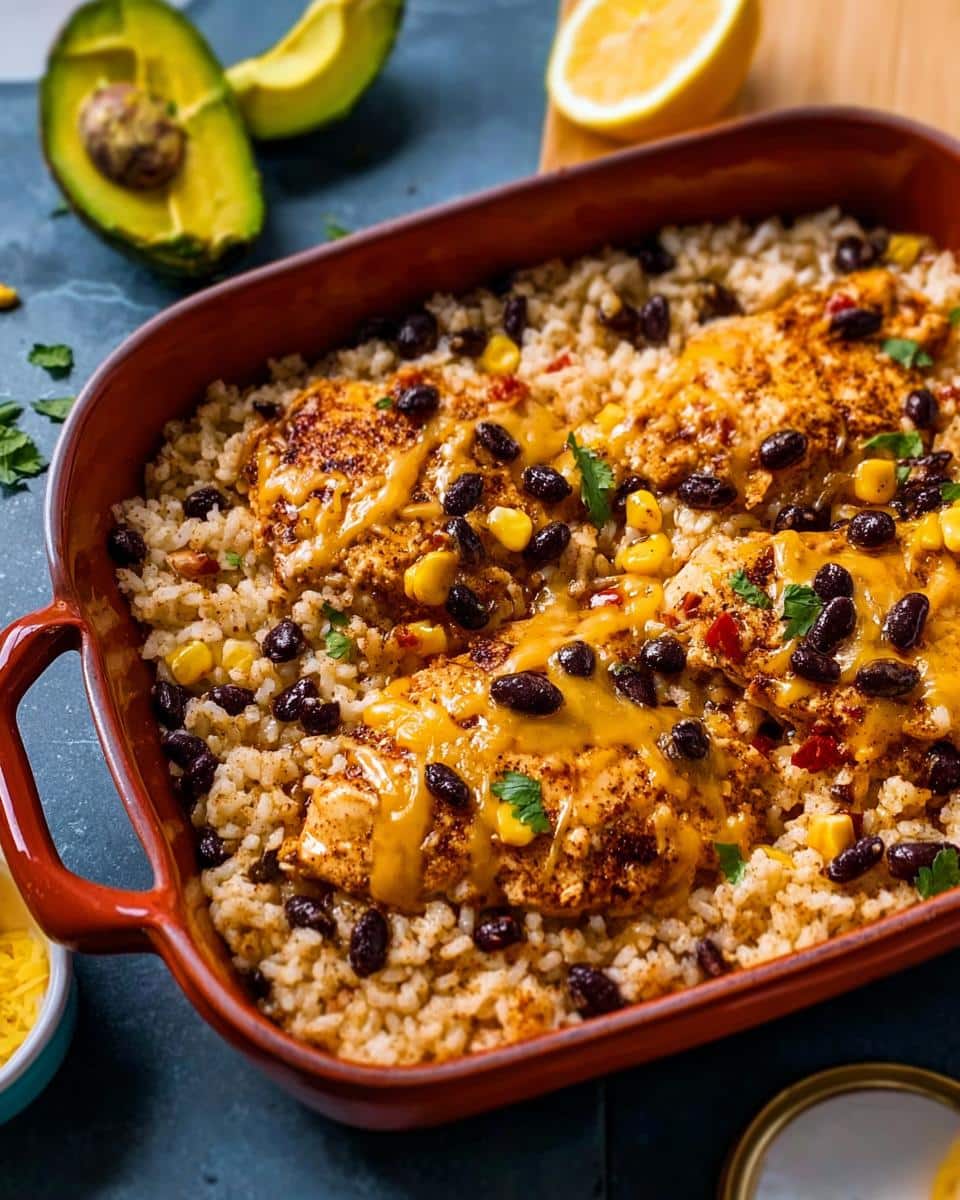 Close-up of baked Santa Fe Chicken & Rice topped with melted cheese, black beans, and corn in a terracotta dish.