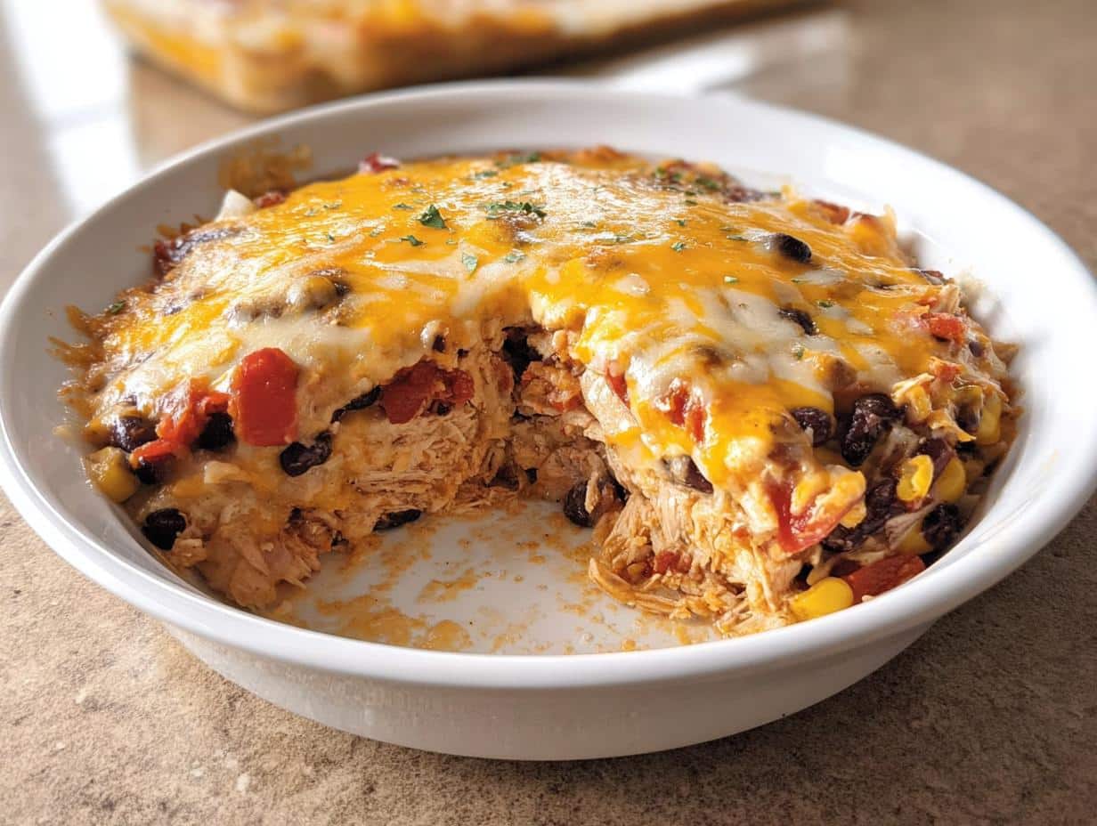 A close-up of a white baking dish containing a hearty Santa Fe Chicken Casserole with a portion scooped out, topped with melted cheddar and Monterey Jack cheese.