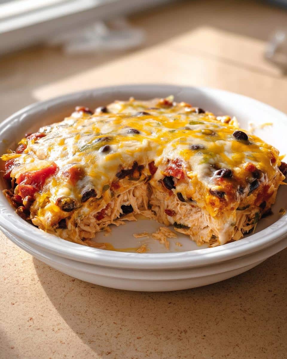 A close-up of a freshly baked Santa Fe Chicken Casserole in a white dish, showing shredded chicken and melted cheese topping.