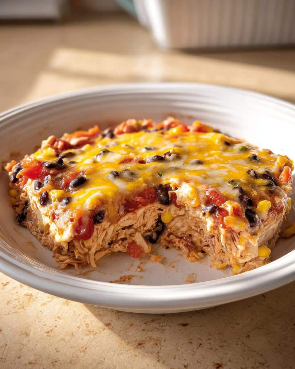 A scoop removed from a baked Santa Fe Chicken Casserole topped with melted cheese, black beans, and corn.