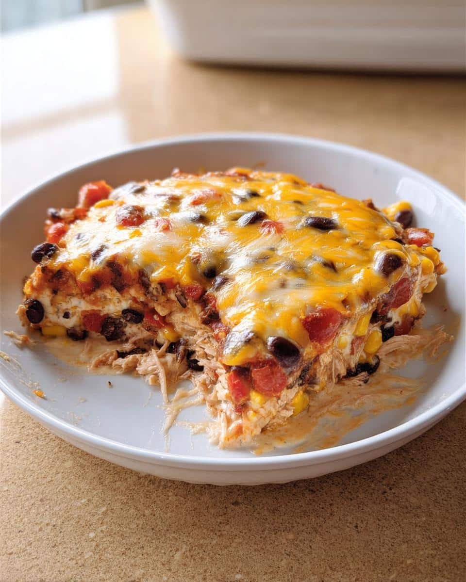 A generous serving of Santa Fe Chicken Casserole topped with melted cheddar cheese, black beans, and diced tomatoes.