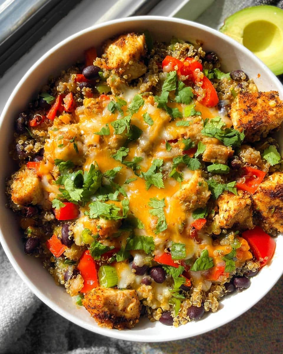 A vibrant Santa Fe Chicken and Quinoa Bowl topped with melted cheese and fresh cilantro.