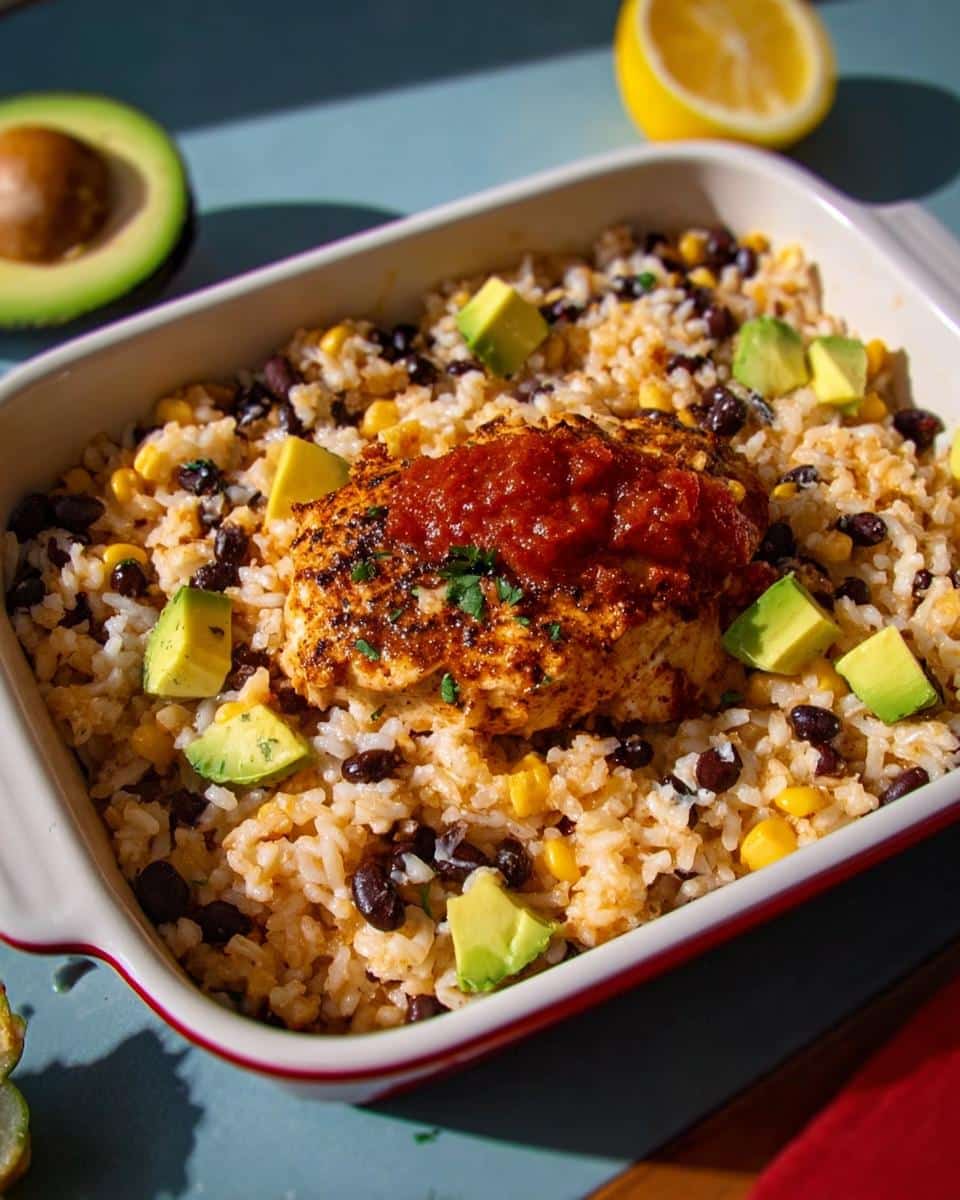 A serving of Santa Fe Chicken & Rice with black beans, corn, and avocado chunks in a white baking dish.