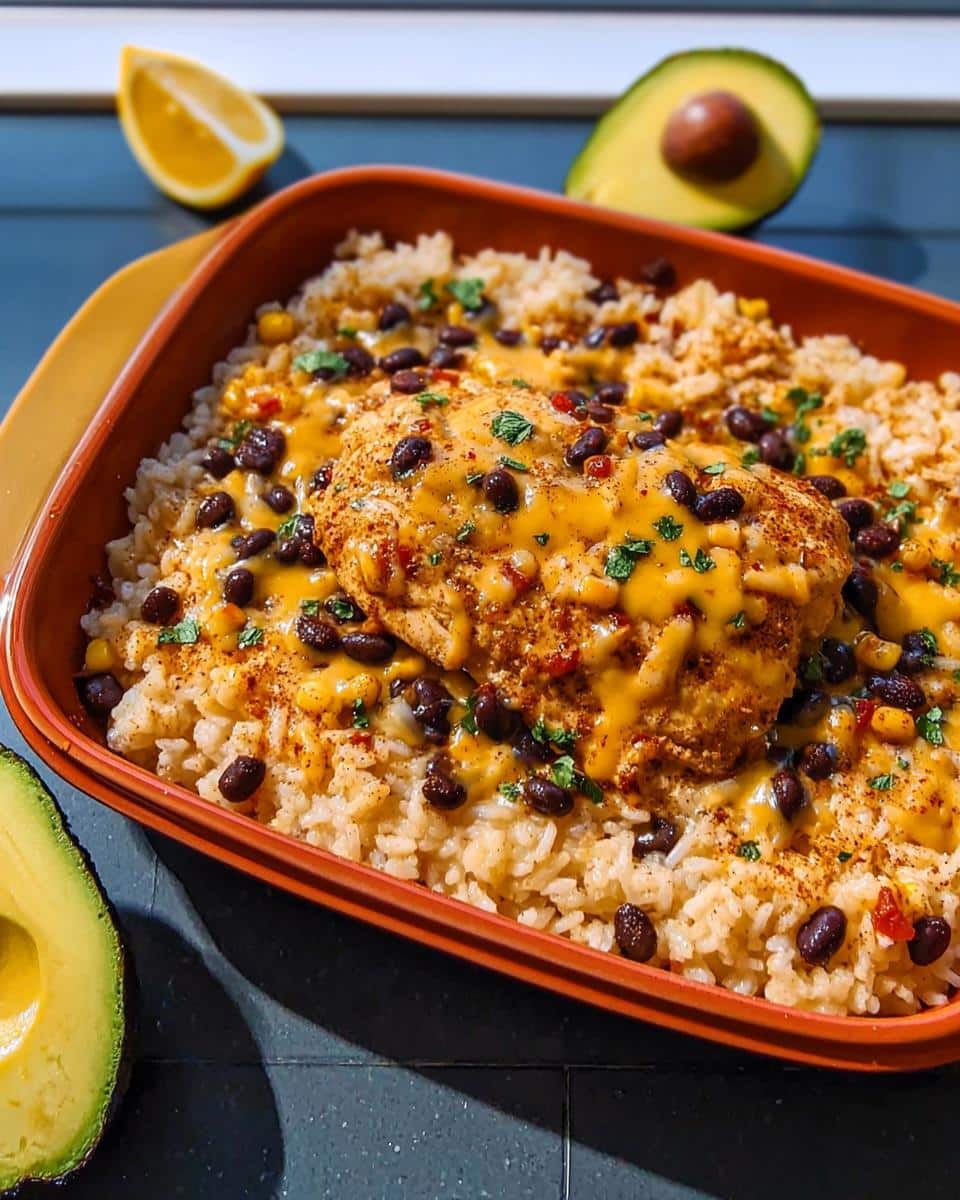 A baked Santa Fe Chicken & Rice dish topped with melted cheese, black beans, and cilantro in an orange baking dish.