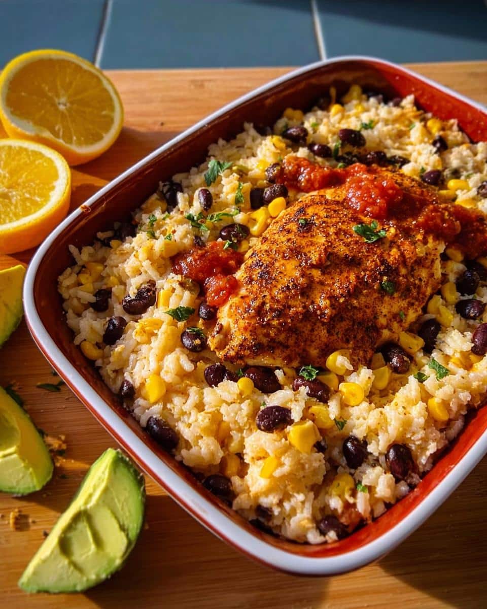 A baked Santa Fe Chicken & Rice dish with seasoned chicken breast, black beans, and corn served in a casserole dish.