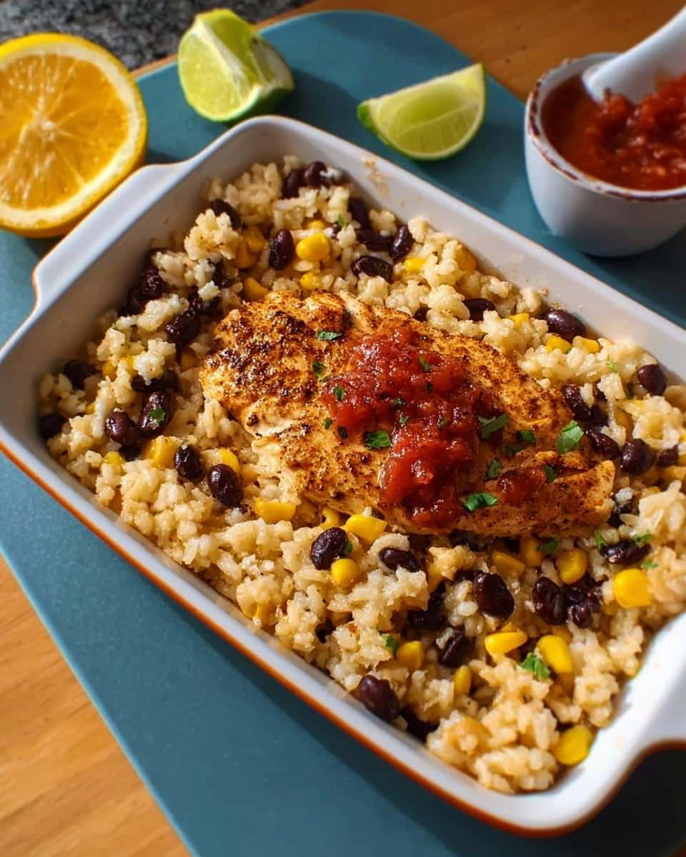 A baked Santa Fe Chicken & Rice dish featuring seasoned chicken topped with salsa, served over rice with black beans and corn.