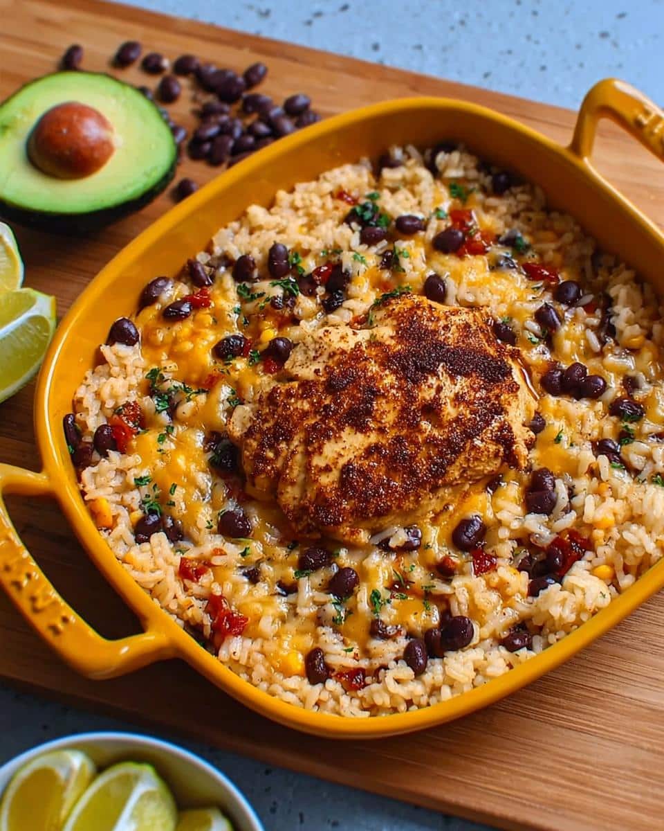 A Santa Fe Chicken & Rice dish topped with melted cheese, black beans, and spices, served in a yellow baking dish.