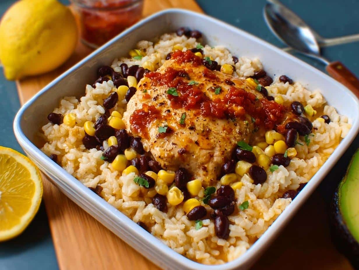 A close-up of Santa Fe Chicken & Rice featuring a chicken breast topped with salsa over rice, black beans, and corn.