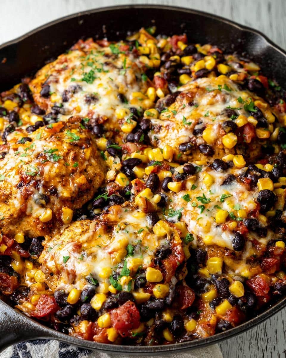 Close-up of Santa Fe Chicken Skillet with Black Beans and Corn topped with melted cheese and parsley.