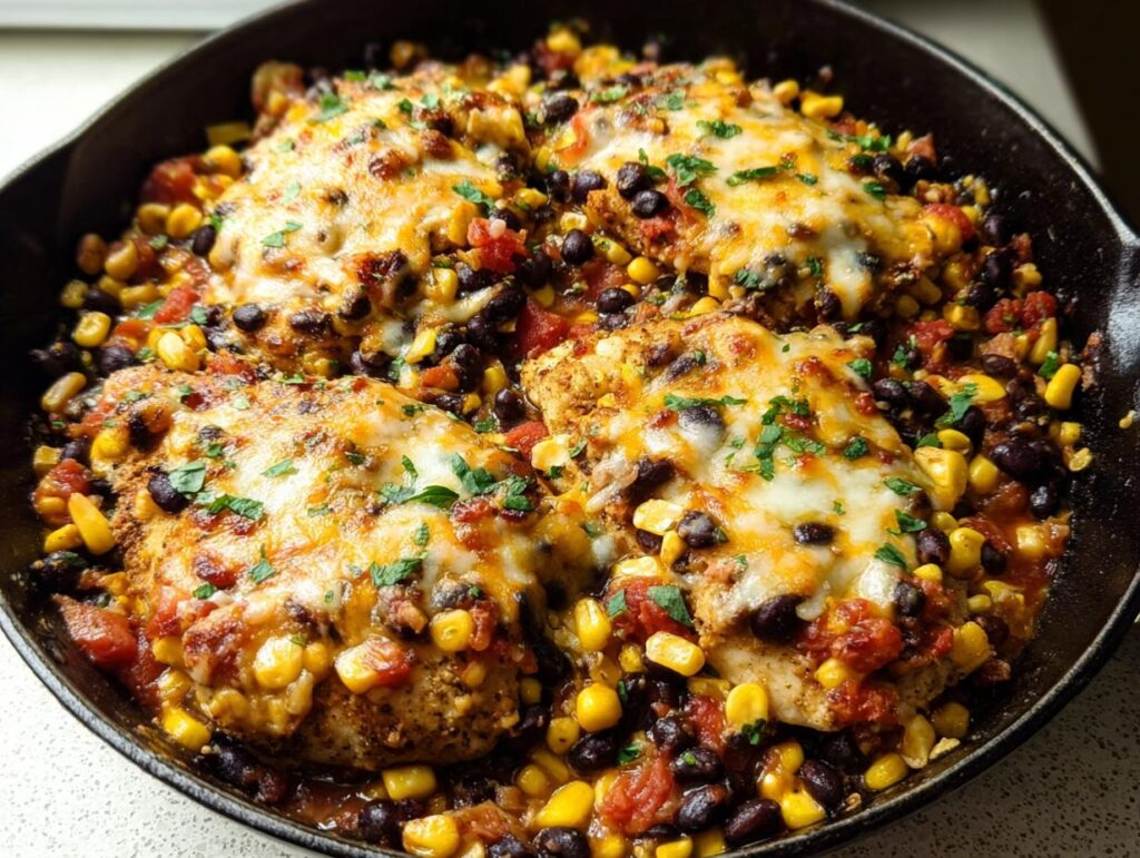 Four chicken breasts topped with melted cheese, black beans, and corn in a cast iron Santa Fe Chicken Skillet.