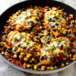 Four pieces of seasoned chicken topped with melted cheese, black beans, and corn in a Santa Fe Chicken Skillet.