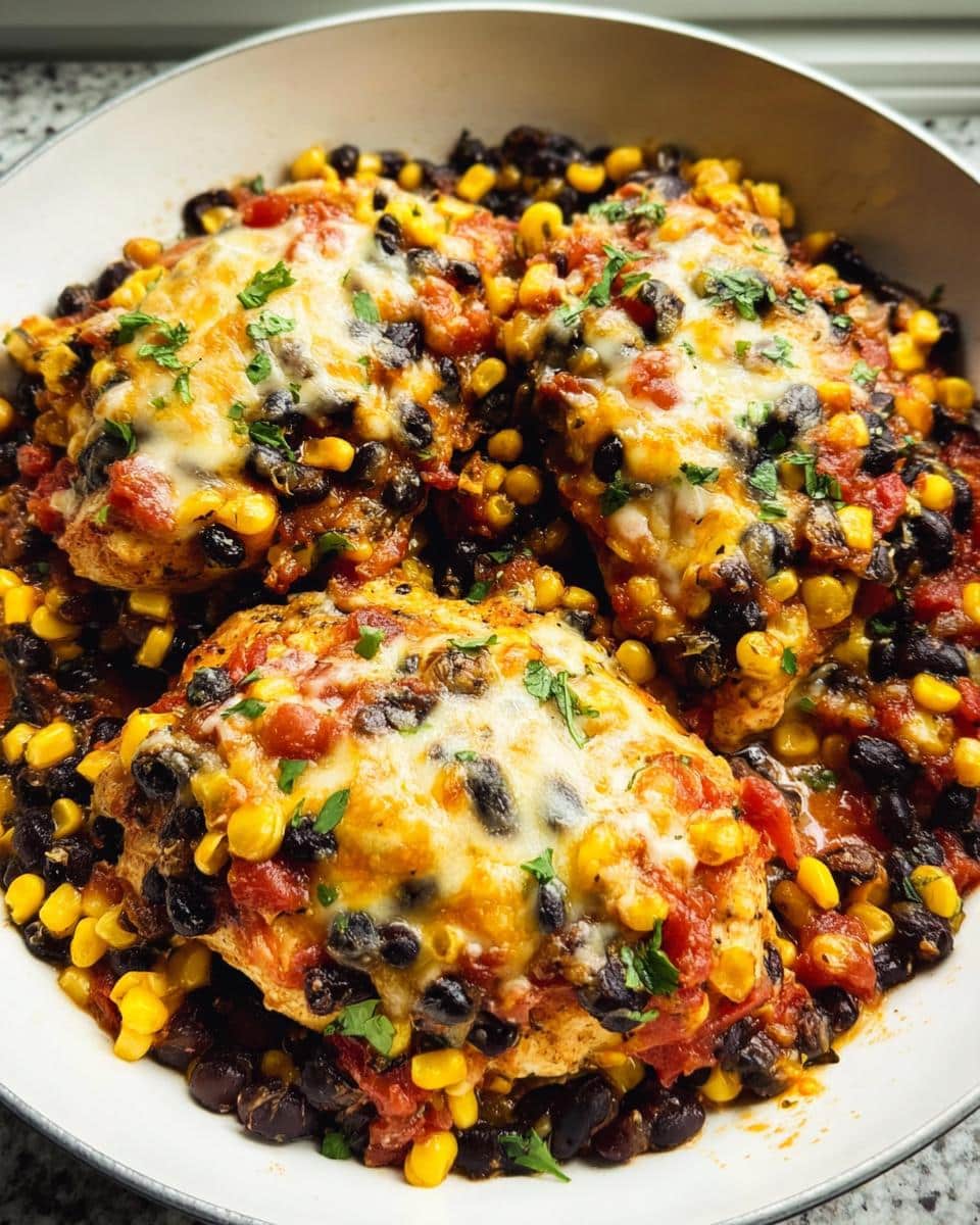 Three pieces of chicken topped with melted cheese, black beans, and corn in a skillet.