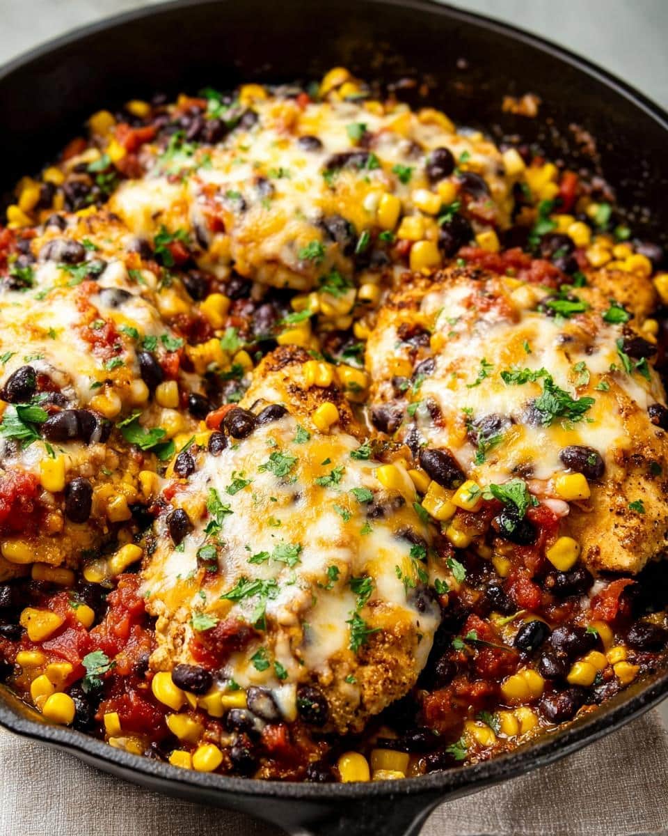 Close-up of Santa Fe Chicken Skillet with black beans, corn, and melted cheese topping.