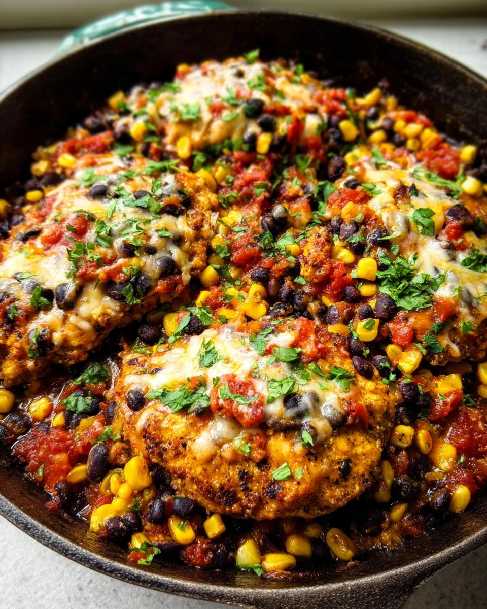 Close-up of seasoned chicken breasts topped with melted cheese, black beans, corn, and salsa in a Santa Fe Chicken Skillet.