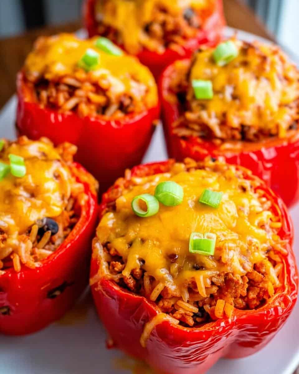 Four bright red bell peppers stuffed with a savory rice and chicken mixture, topped with melted cheddar cheese and green onions, ready to eat