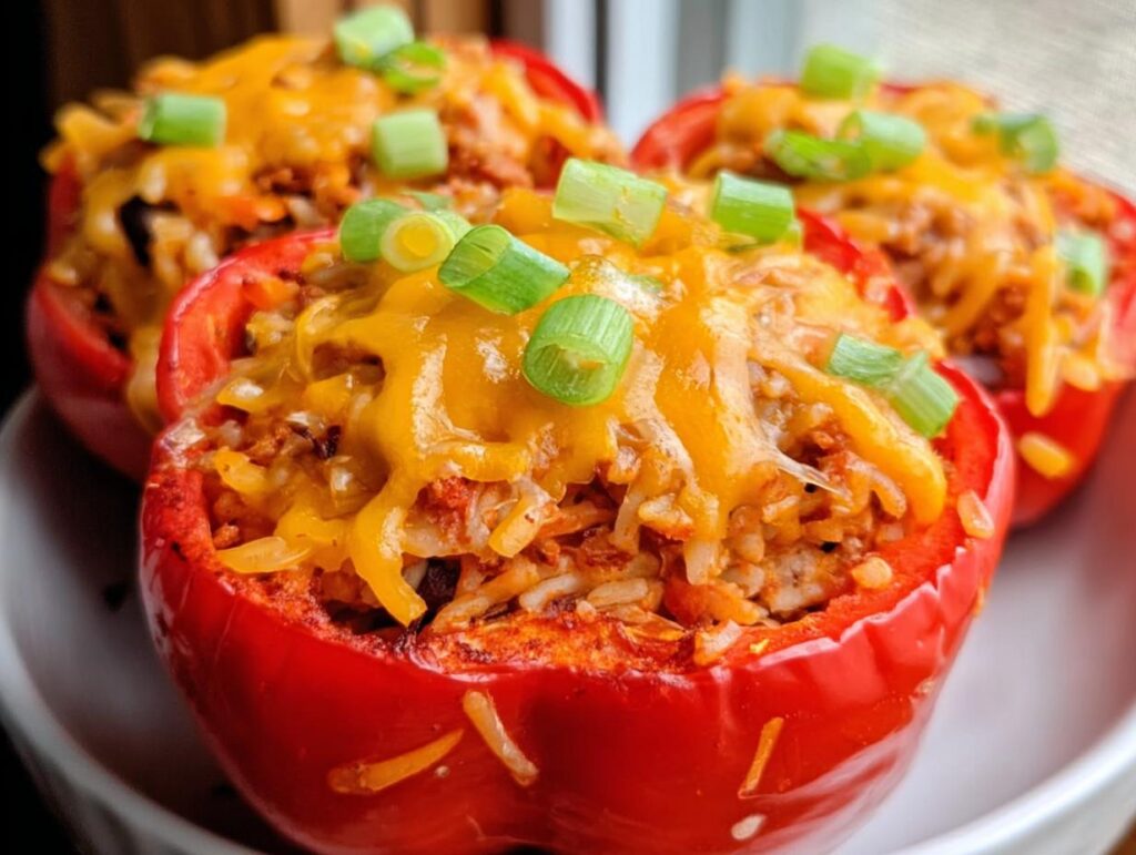 Close-up of baked Santa Fe Chicken Stuffed Peppers topped with melted cheddar cheese and green onions.