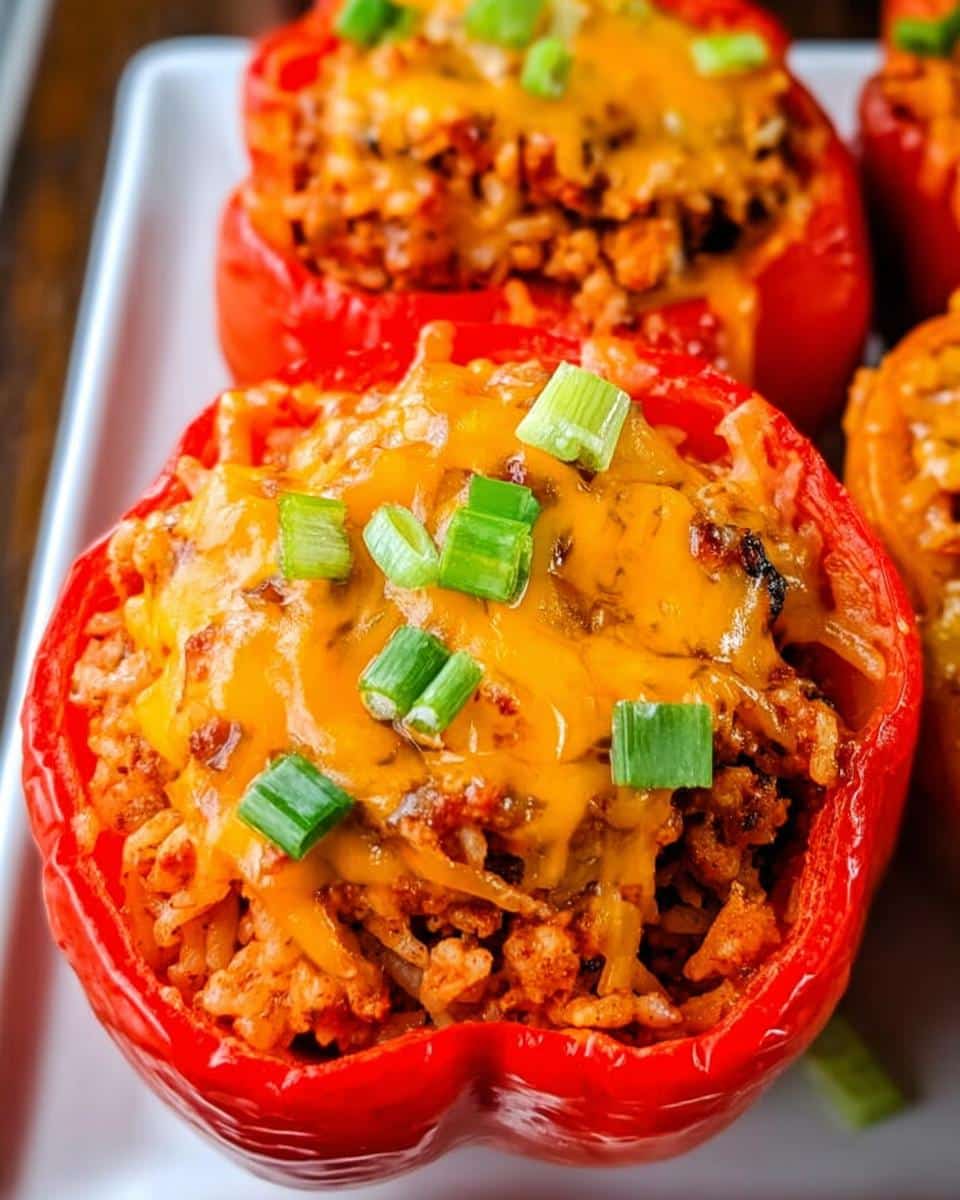 A close-up of a vibrant red bell pepper stuffed with rice and chicken mixture, topped with melted cheddar cheese and green onions, ready to eat Santa Fe Chicken Stuffed Peppers.