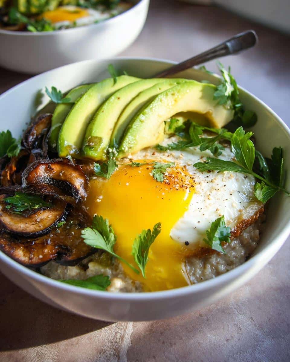 Close-up of a bowl of Savory Oats with Avocado & Seeds, topped with a fried egg and sautéed mushrooms.