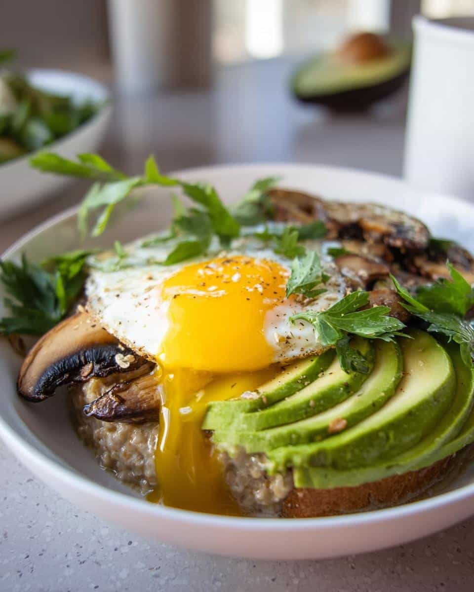 Close-up of Savory Oats with Avocado & Seeds topped with a fried egg, mushrooms, and parsley.