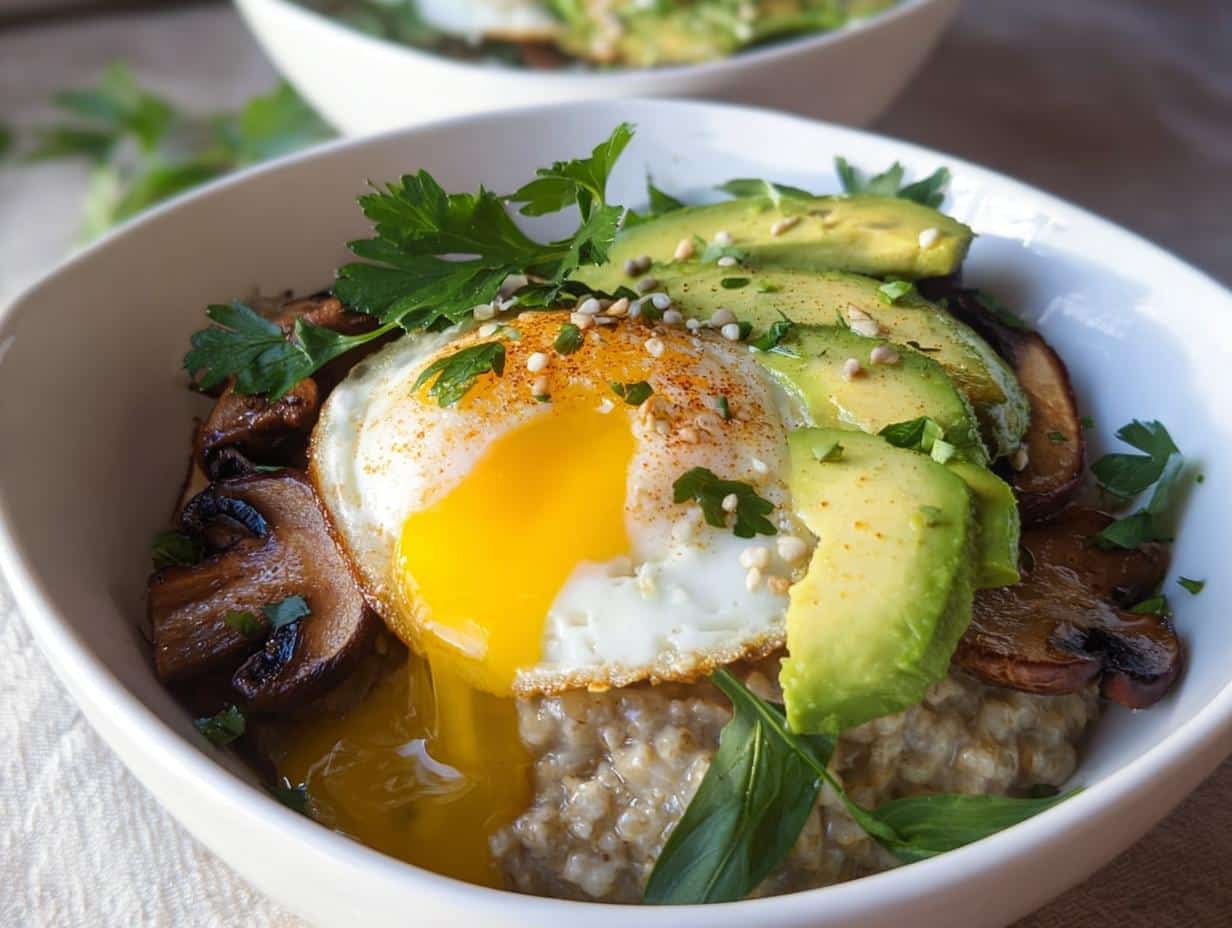 Close-up of Savory Oats with Avocado & Seeds topped with a runny fried egg and sautéed mushrooms.