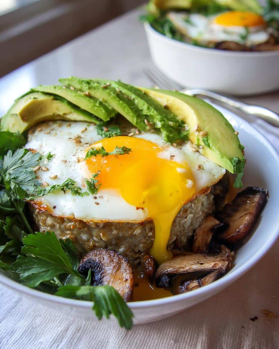 Close-up of Savory Oats with Avocado & Seeds, topped with a sunny-side-up egg and sautéed mushrooms.