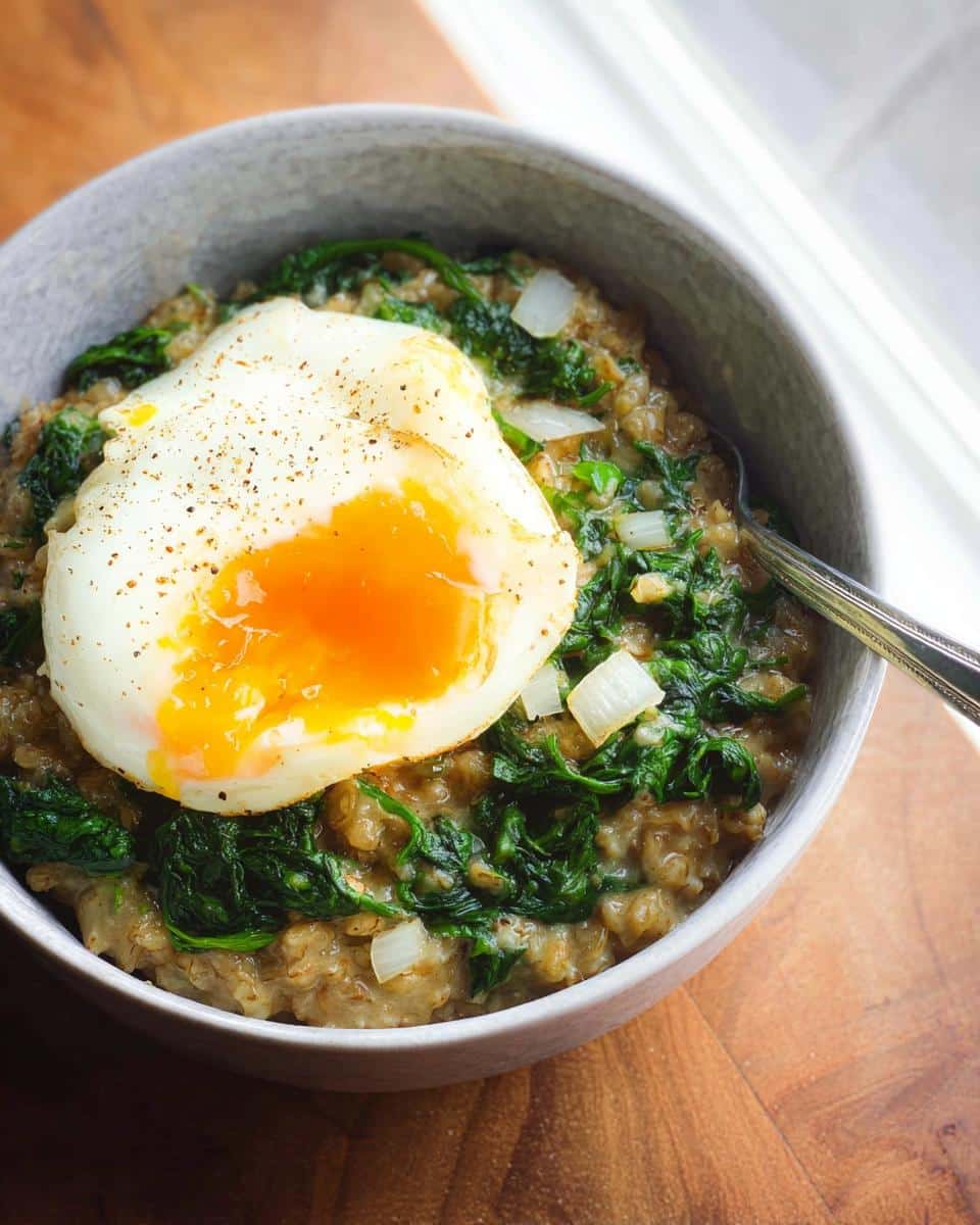 A close-up of Savory Overnight Oats with Egg & Spinach topped with a perfectly cooked soft-boiled egg.