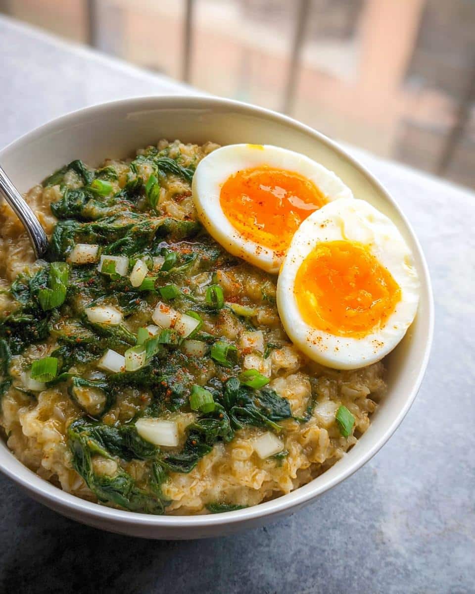 A bowl of Savory Overnight Oats with Egg & Spinach, topped with sautéed greens and a soft-boiled egg cut in half.