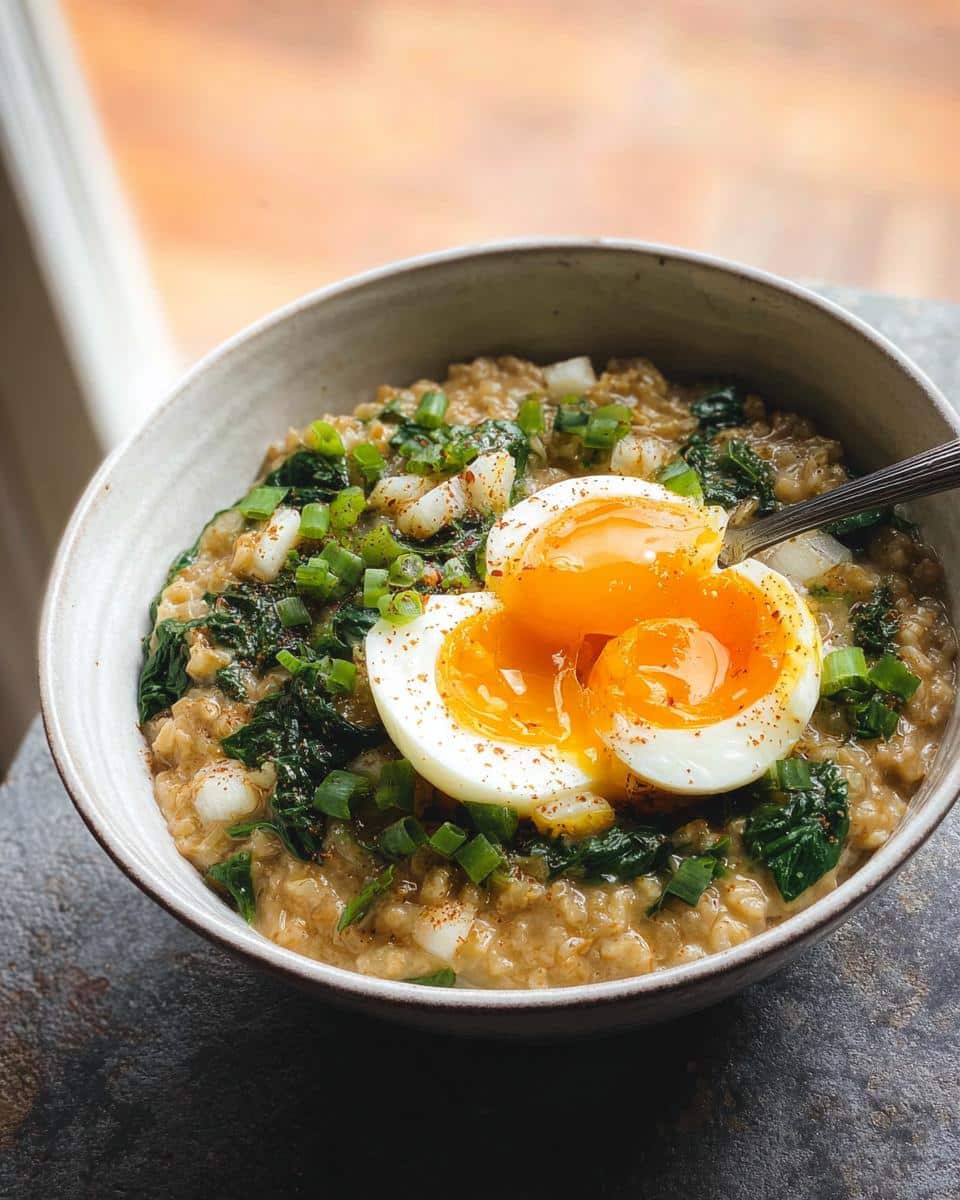 A bowl of Savory Overnight Oats with Egg & Spinach topped with a jammy soft-boiled egg.