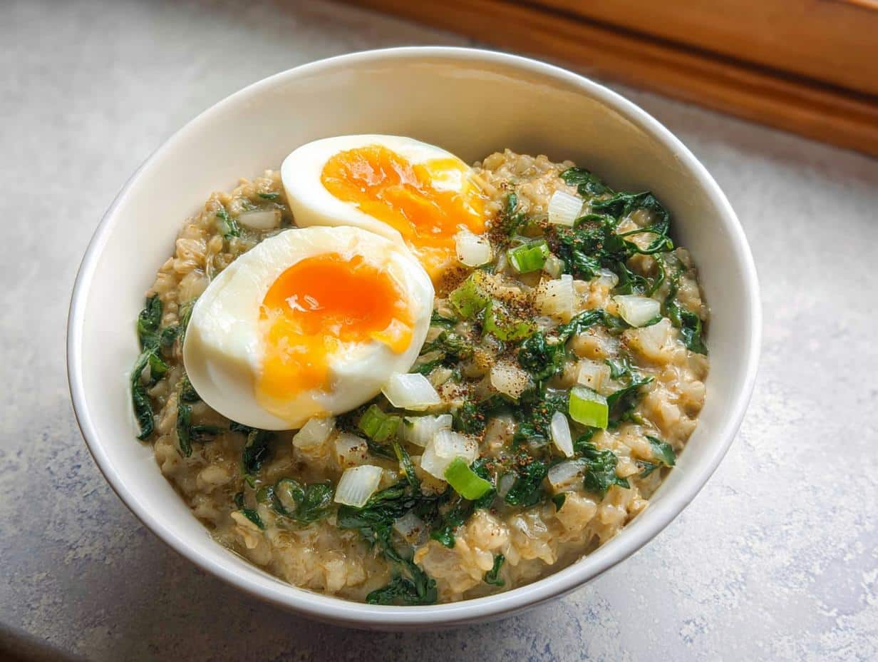 A bowl of Savory Overnight Oats with Egg & Spinach, topped with a soft-boiled egg and chopped green onions.