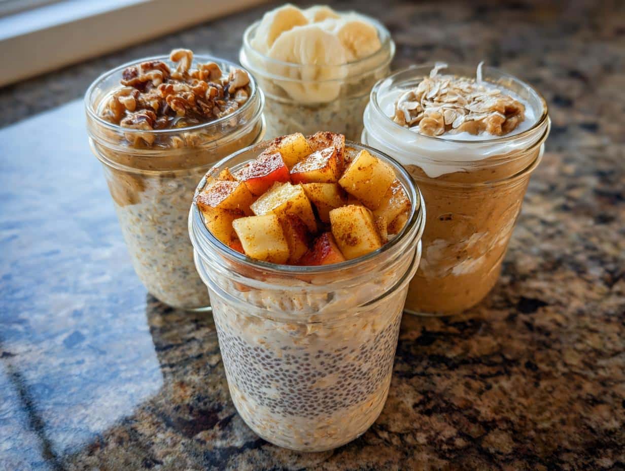 Four different glass jars filled with various flavors of overnight oats meal prep jars, topped with fruit and nuts.