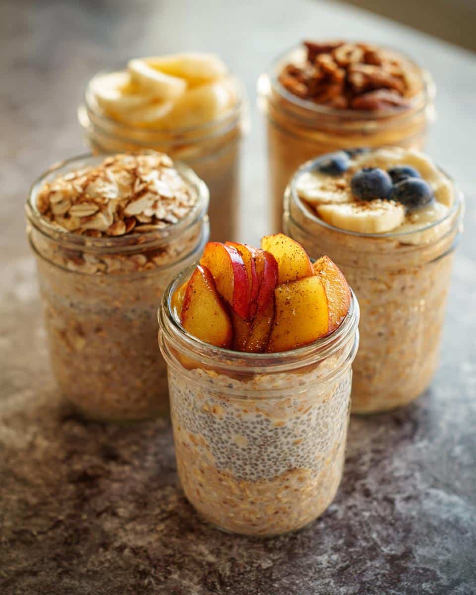 Four different glass jars filled with Savory Overnight Oats Meal Prep Jars, topped with fruit and nuts.