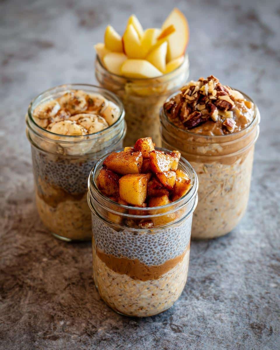Four glass jars showcasing different toppings for Savory Overnight Oats Meal Prep Jars, including spiced apples and pecans.