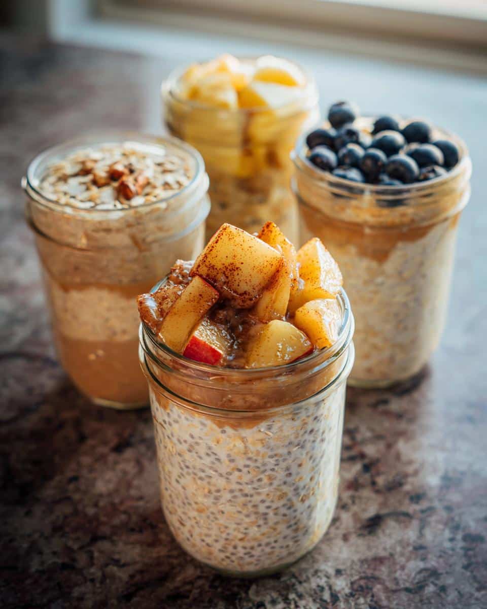 Four different varieties of Savory Overnight Oats Meal Prep Jars sitting on a counter, topped with apples, blueberries, and nuts.