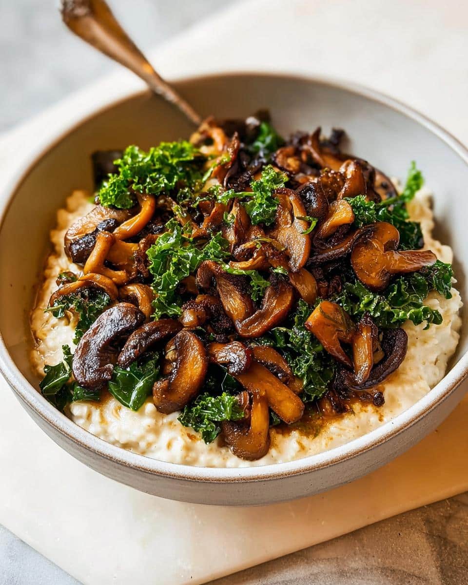 Close-up of Savory Overnight Oats with Mushrooms and kale served in a light grey bowl.