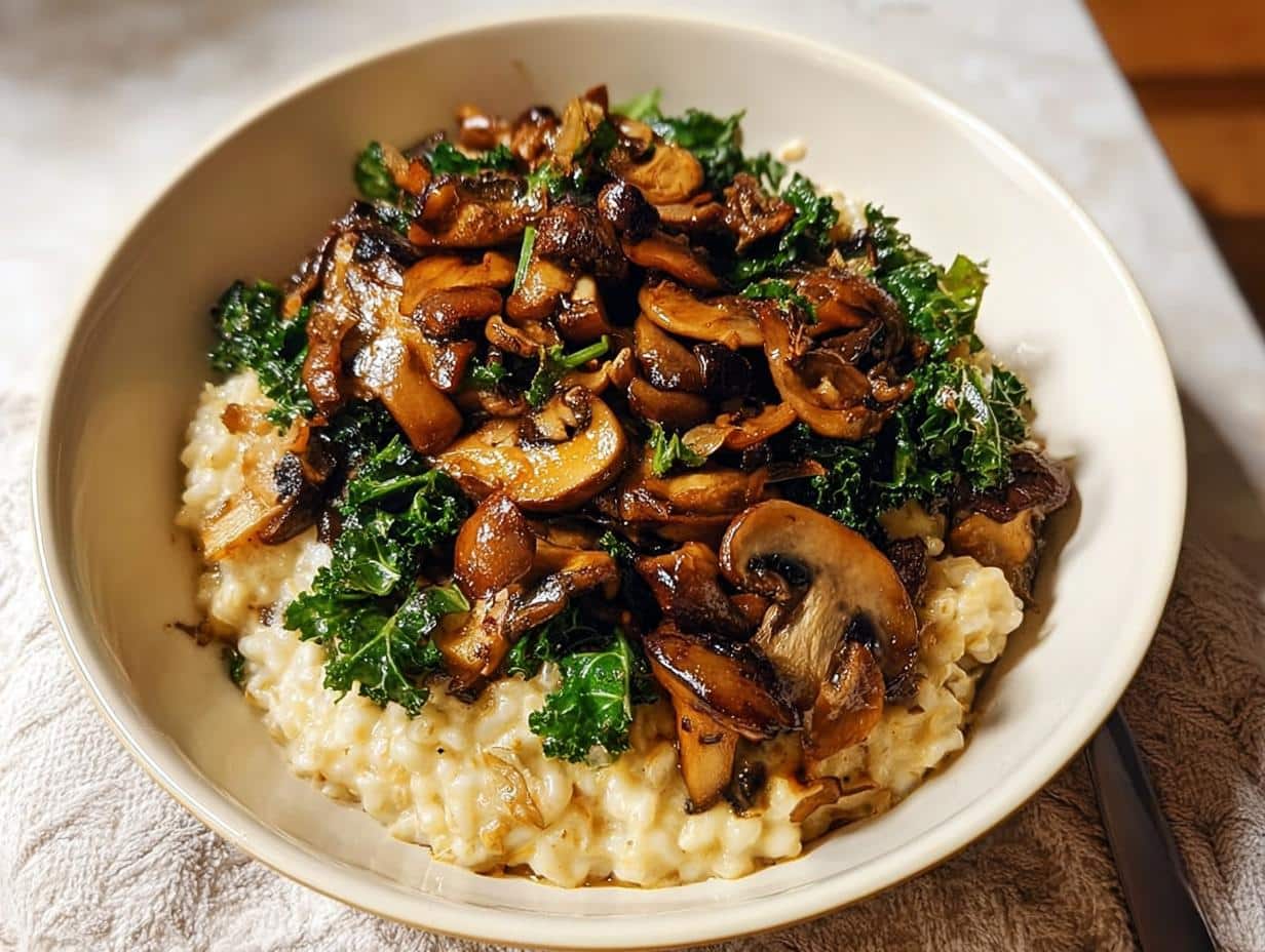 A bowl of creamy Savory Overnight Oats with Mushrooms and wilted kale served as a hearty breakfast.