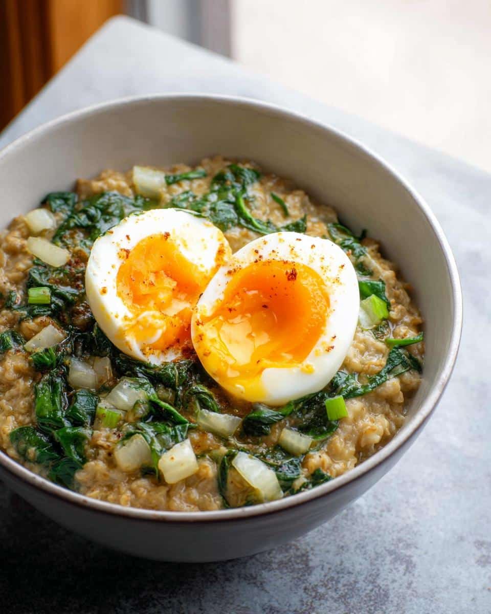 A bowl of Savory Overnight Oats with Egg & Spinach topped with a soft-boiled egg.