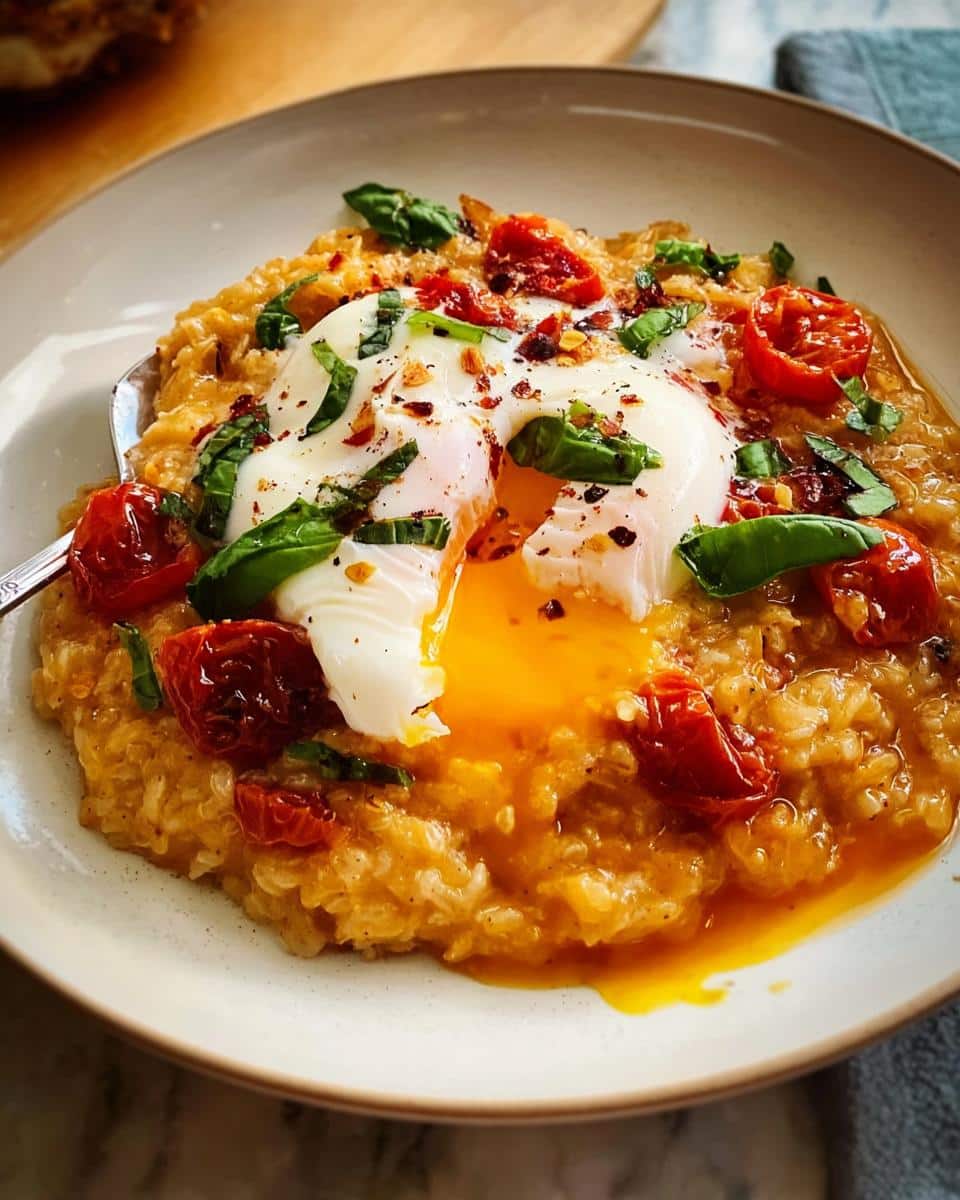 Close-up of savory Tomato Basil Overnight Oats topped with a runny poached egg, roasted tomatoes, and fresh basil.