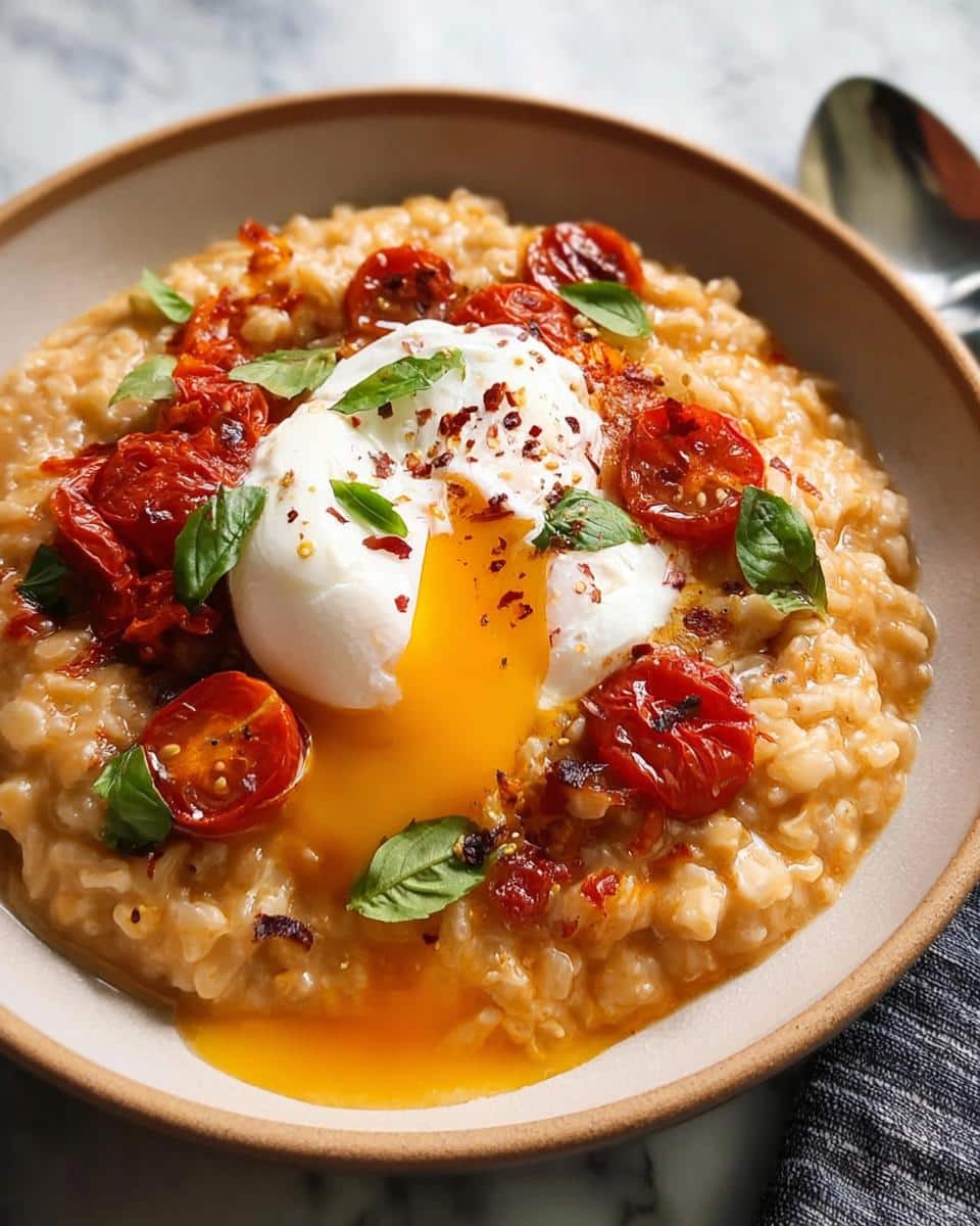 Savory Tomato Basil Overnight Oats topped with a runny poached egg, roasted tomatoes, and fresh basil.