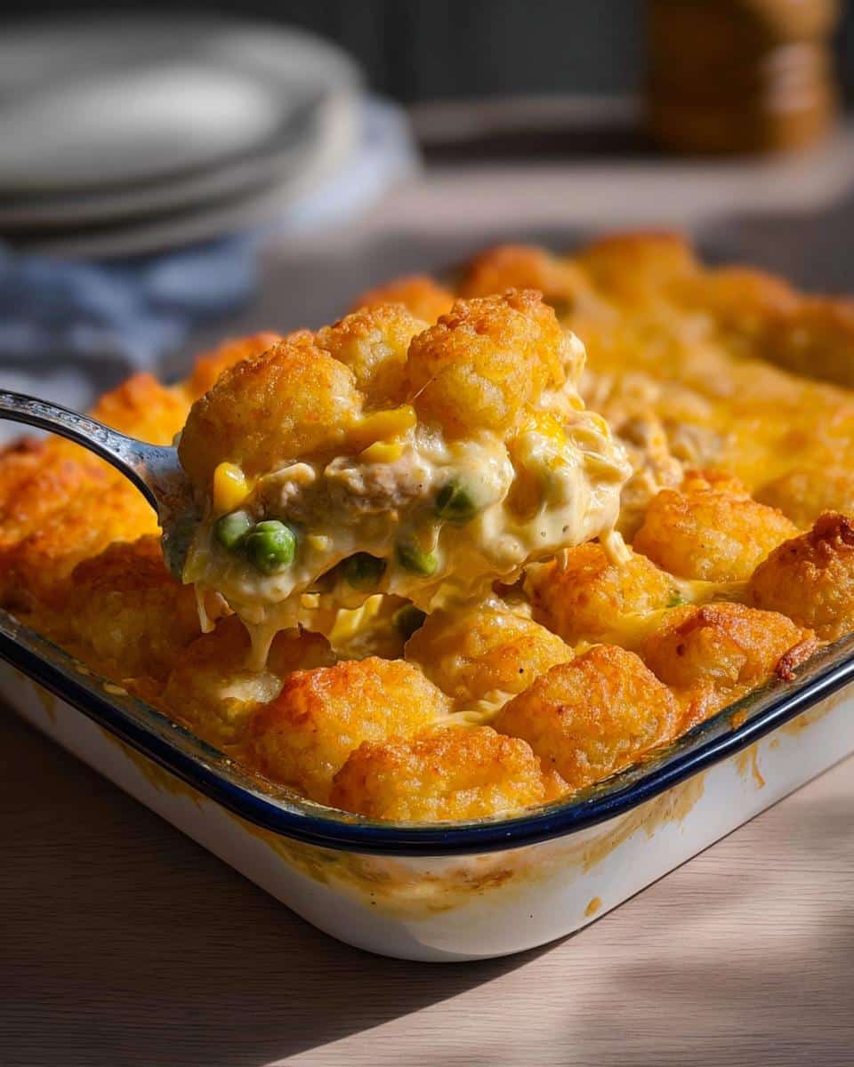 A spoonful of creamy Chicken Tater Tot Casserole, showing tater tots, peas, and cheese sauce being lifted from the baking dish.