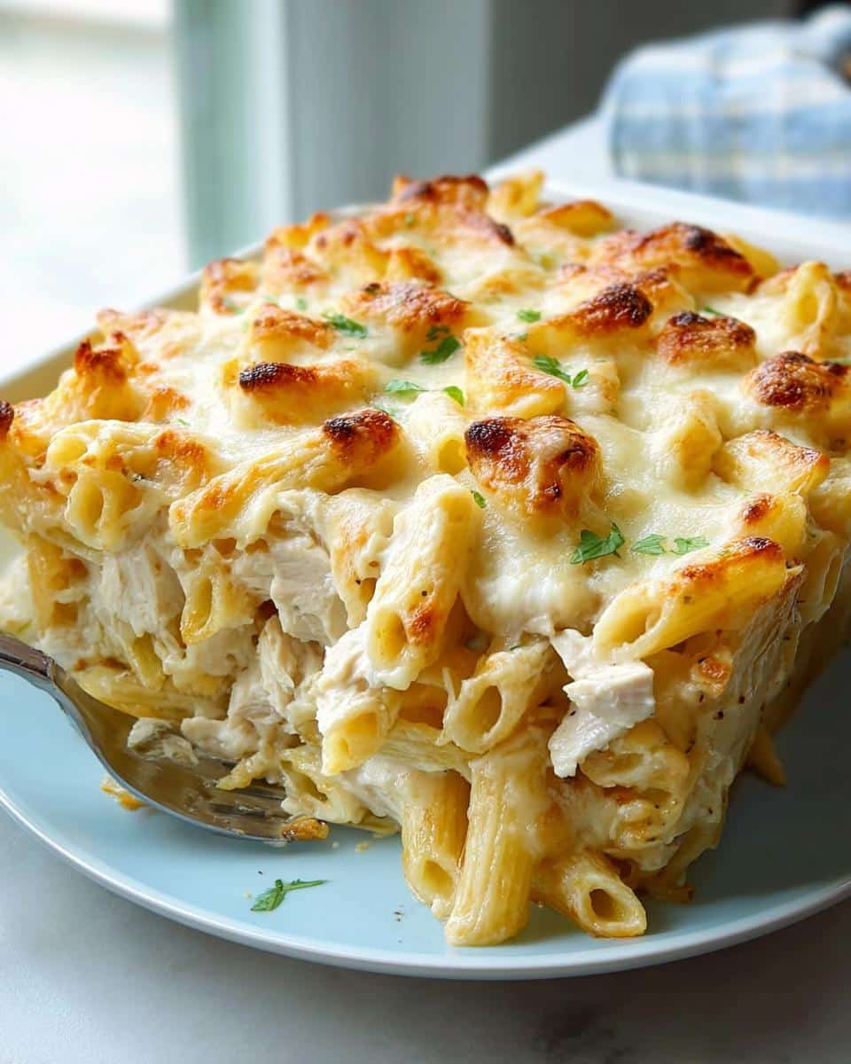 A fork lifts a creamy, cheesy portion of baked Chicken Alfredo Casserole topped with browned cheese.