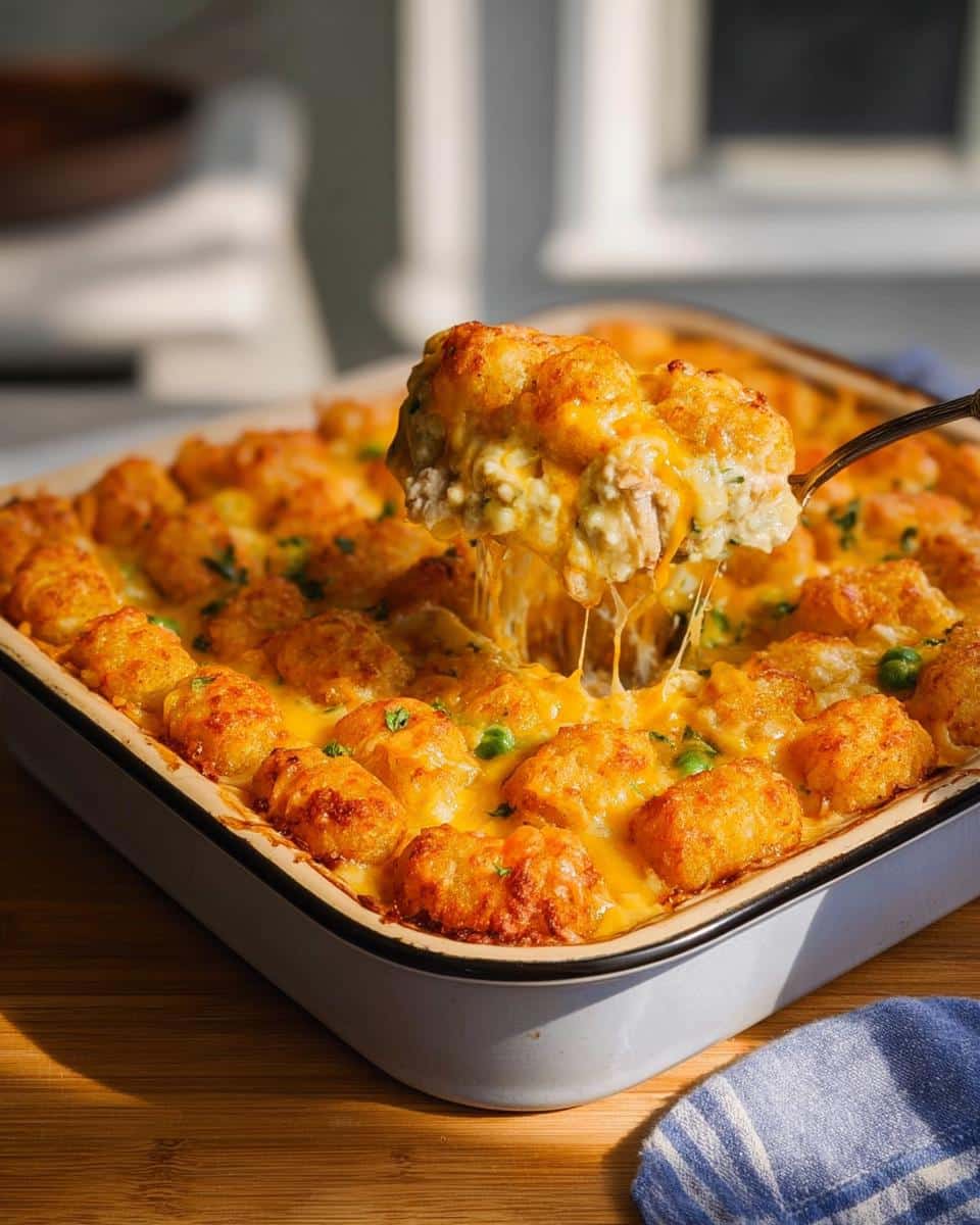A spoonful of cheesy Chicken Tater Tot Casserole being lifted from a baking dish, showing melted cheese pull.
