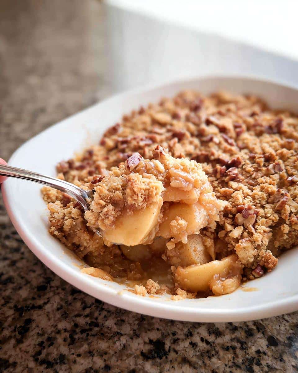 A spoonful of warm Gluten-Free Apple Crumble showing soft apples and crunchy pecan topping.